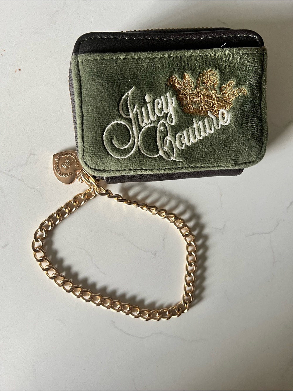 Juicy Couture Olive Green Velvet Mini Wristlet Card Holder with Gold Chain